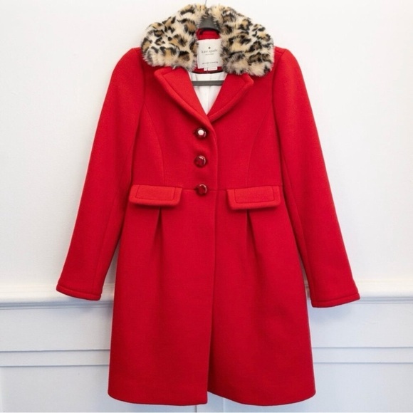 Kate Spade Red Wool Coat Faux Fur Leopard Collar Winter Buttoned Jacket 0 - Picture 6 of 6